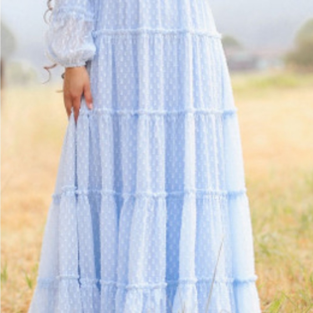 Light Blue Long Sleeve Tiered Maxi Dress - Women